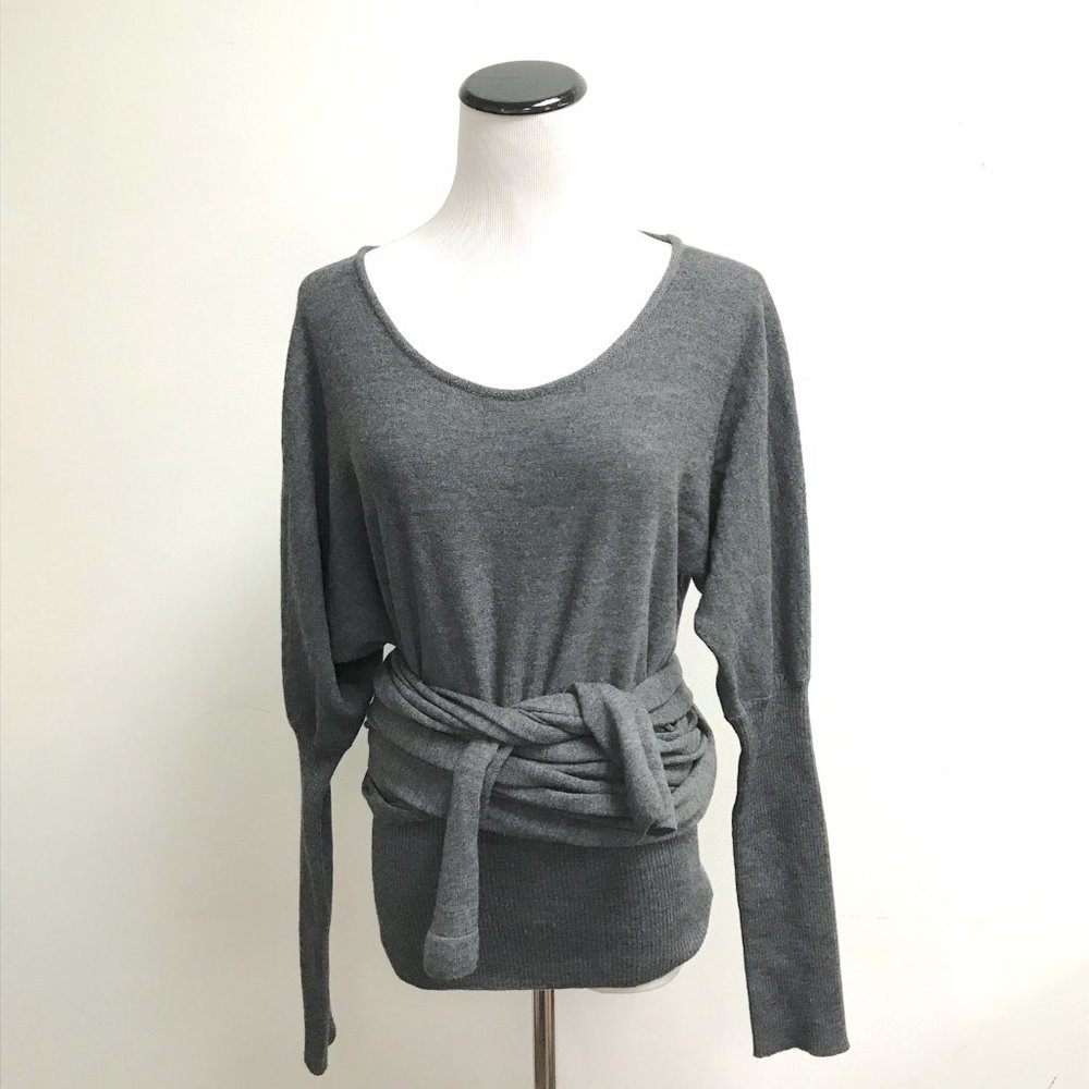 Sonia Rykiel gray wool scoop neck wrap tie sweater 44 Italy